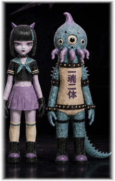 Honey and her Kaiju, a paired collectible sculpture set