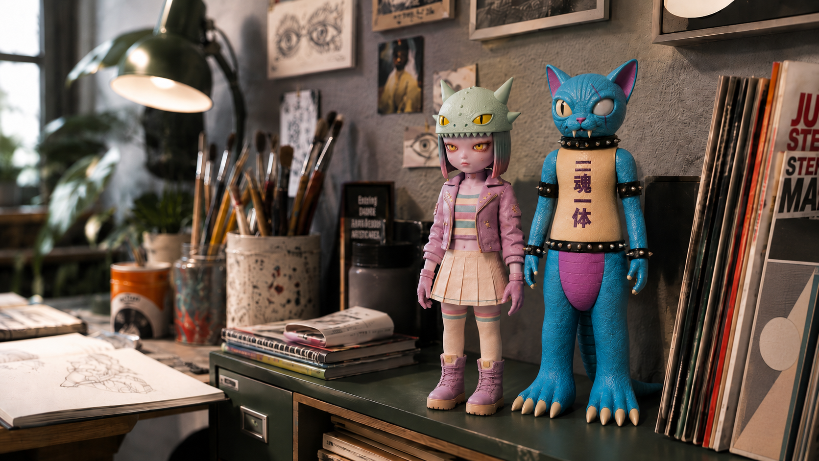 Blue cat Kaiju and Honey figures on an artist's desk beside brushes and records