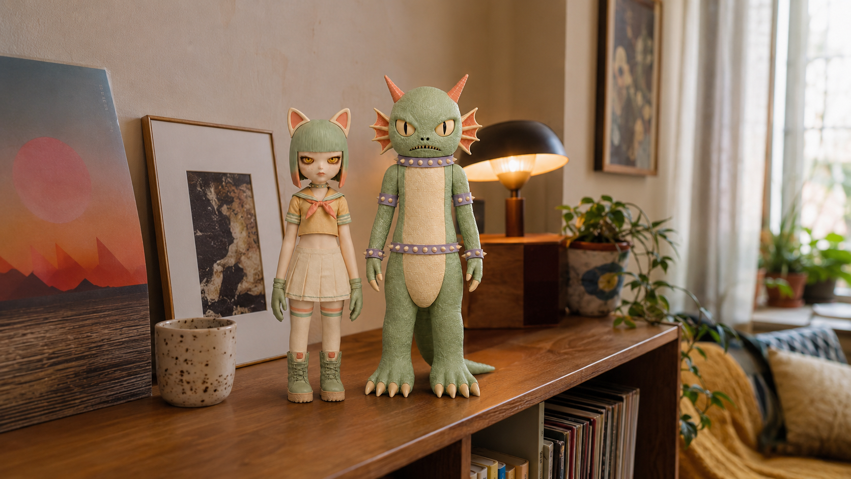 Honey and Kaiju figures on a walnut record credenza in a sunlit apartment