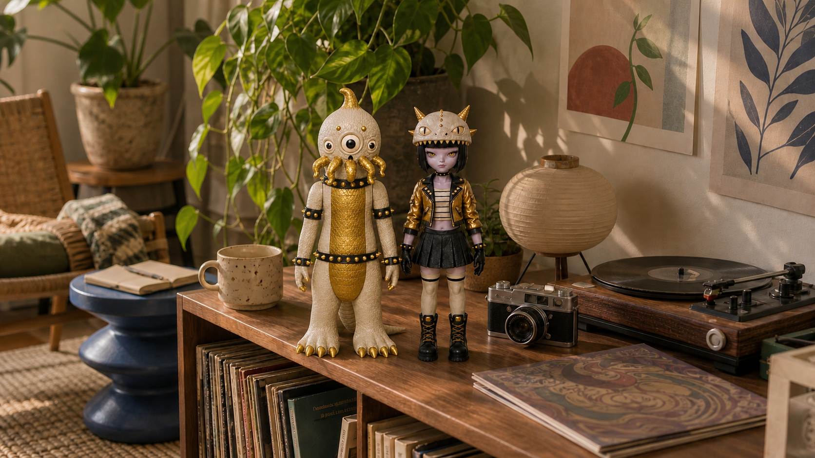 Gold-and-ivory Honey and Kaiju figures beside a turntable in a plant-filled room