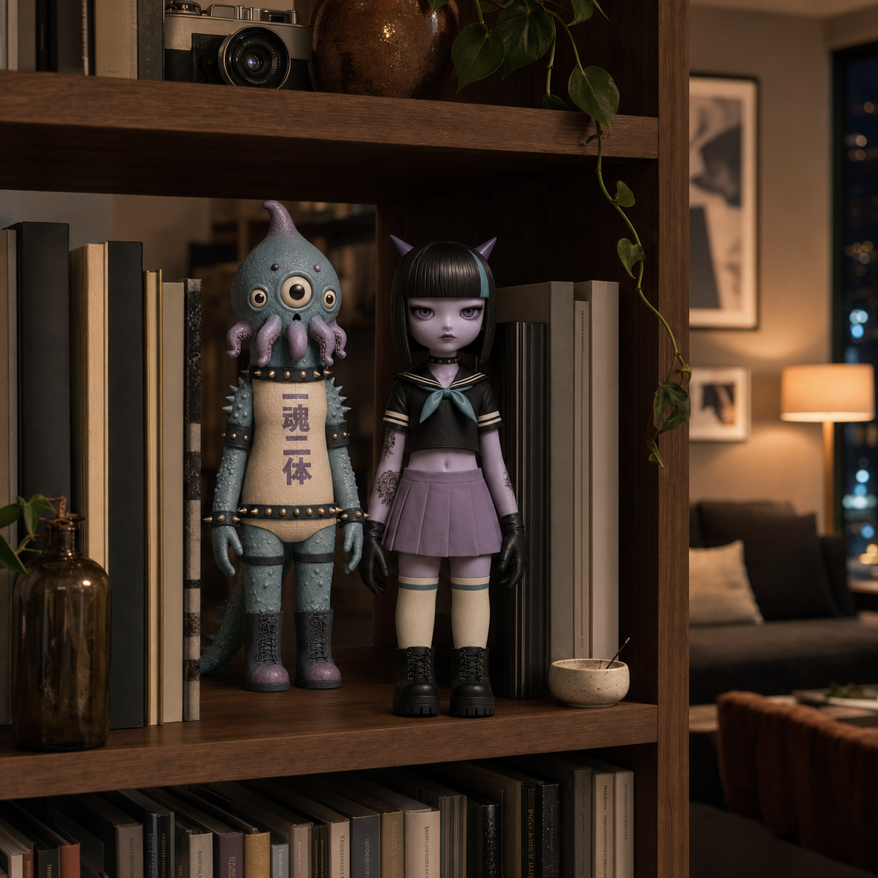 Honey and Kaiju figures on a bookshelf in a warmly lit home