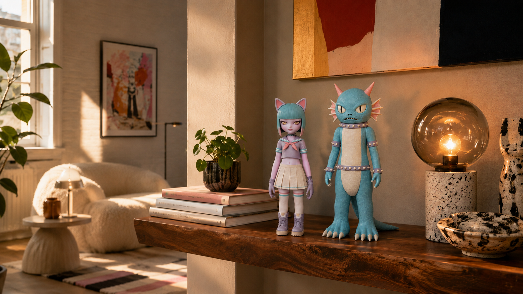 Honey and Kaiju figures on a live-edge walnut ledge in afternoon light