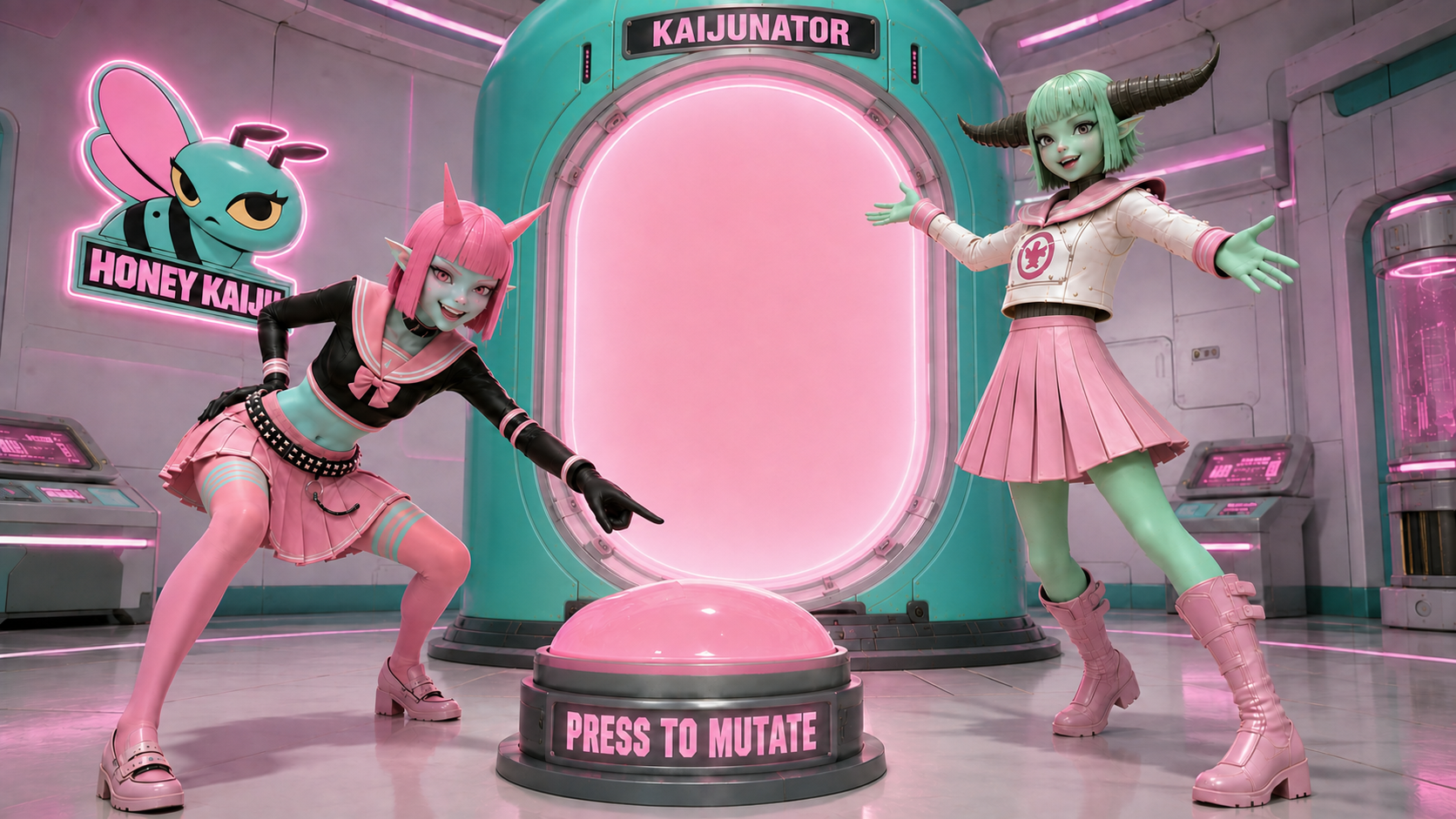 Honey Kaiju lab: two operators, the Kaijunator chamber, and a glowing PRESS TO MUTATE floor button.